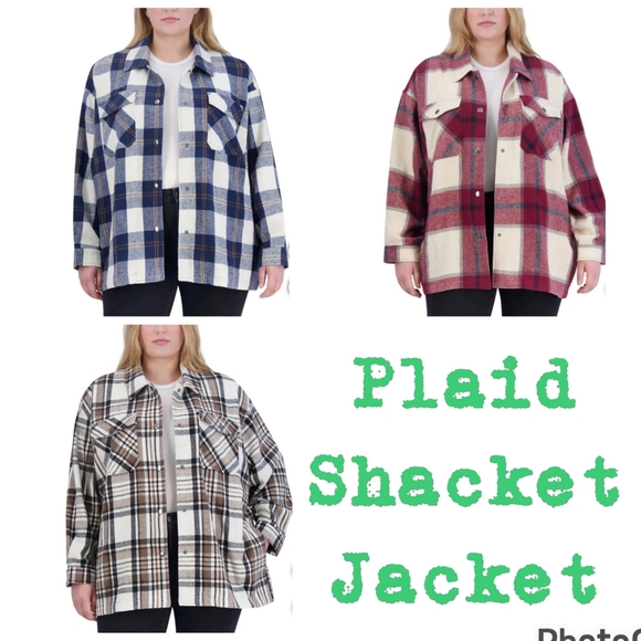 Plaid Shacket Shirt Jacket Snap Down Pockets Oversized Wool Blend NEW - Picture 5 of 9